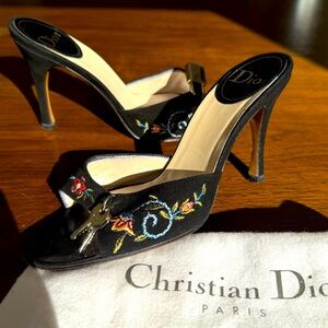 Dior Black Velvet Sandals with classic gold lock and key.